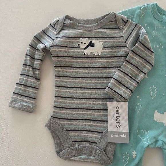 Carter’s Preemie Baby Boy Polar Bear Footie Bodysuit Pants Set Outfit NWT - Picture 3 of 5